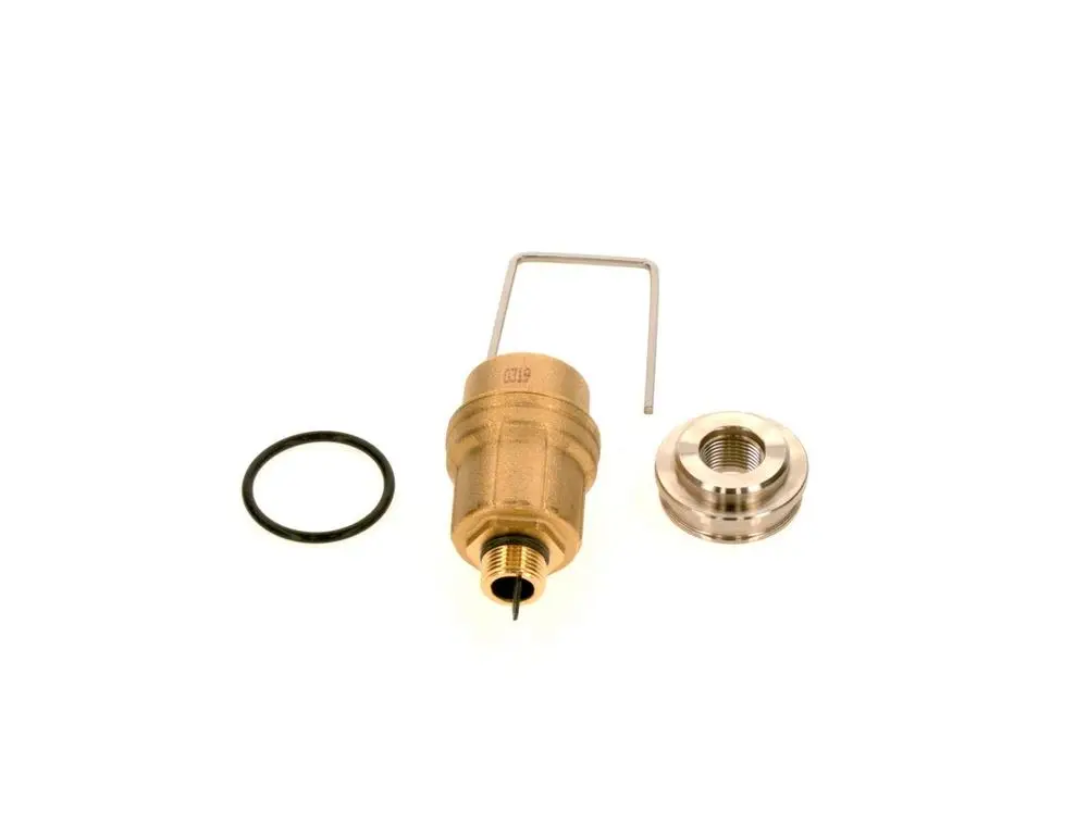 BOSCH Entlüfterkomponente mit Metallgehäuse, einem O-Ring, einem Anschlussstück und einem Entlüftungsstab. Komponenten zum hydraulischen Ausgleich in Heizsystemen.